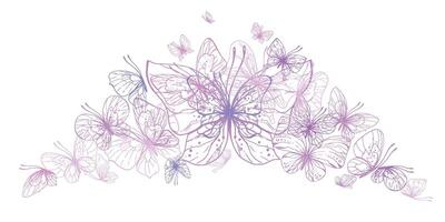 Butterflies are pink, blue, lilac, flying, delicate with wings and splashes of paint. Graphic illustration hand drawn in pink, lilac ink. Composition EPS vector