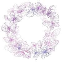 Butterflies are pink, blue, lilac, flying, delicate line art. Graphic illustration hand drawn in pink, lilac ink. Circle frame, template EPS . vector