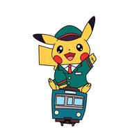 pokemon personaje Pikachu maquinista uniforme en tren vector