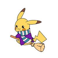 pokemon personaje Pikachu bruja palo de escoba vector