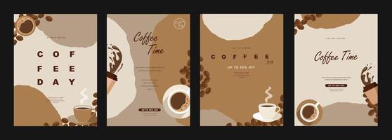 Set of minimal background templates with coffee beans and coffee mug for invitations, cards, banner, brochure, poster, cover, cafe menu or another design. vector