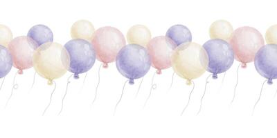 Seamless border of purple and pink air balloons. Watercolor isolated hand drawn illustration. Banner for website, postcards, decoration of children's rooms and party, Baby shower and birthday cards vector