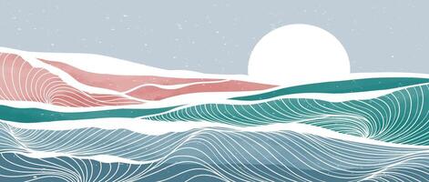 Oceano olas ilustraciones. creativo minimalista moderno pintar y línea Arte impresión. resumen contemporáneo estético antecedentes paisajes con mar, horizonte, ola vector