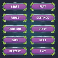 Attractive game purple stone buttons with editable text effect in unique leaves border designs vector