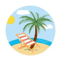 A cute, hand-drawn round travel icon. An icon of camping tourism and adventure. A clipart with elements of travel, a palm tree, a chaise longue, the sea, the beach. vector