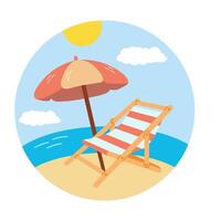 A cute, hand-drawn round travel icon. An icon of camping tourism and adventure. Clipart with travel elements, chaise longue, beach umbrella, sea, beach. vector