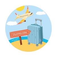 A cute, hand-drawn round travel icon. An icon of camping tourism and adventure. A clipart with travel elements, bags, transport, sea, beach. vector