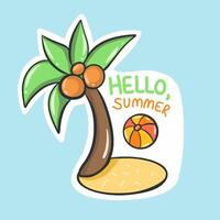 summer sticker with palm tree and ball, seasonal lettering vector