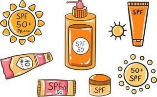 Sun safety set with cream, tubes and bottles of sunscreen products with SPF vector