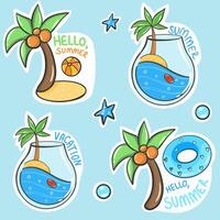 Set of summer stickers. Icons and lettering for tropical vacation vector