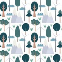 Flat trees and mountains seamless pattern. Cute kids pattern with kinds of trees and mountains vector