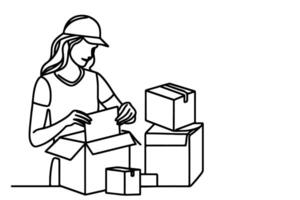 continuous one single black line drawing a woman holding box or present and opening a box with thumbs up vector