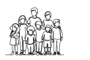 uno continuo línea dibujo de un grupo de niños participación cada otros manos. garabatear lineal dibujo. contento para niños día concepto en blanco. vector