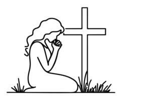 continuous one single black line drawing person kneeling and praying in front of the cross illustration on white background. vector