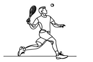 uno continuo negro línea mano dibujo de hombre jugando tenis garabatear lineal dibujo hombre dibujos animados palyer en blanco. vector