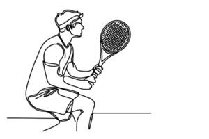 uno continuo negro línea mano dibujo de hombre jugando tenis garabatear lineal dibujo hombre dibujos animados palyer en blanco. vector