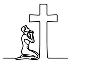 continuous one single black line drawing person kneeling and praying in front of the cross illustration on white background. vector