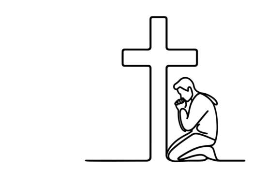 continuous one single black line drawing person kneeling and praying in front of the cross illustration on white background. vector