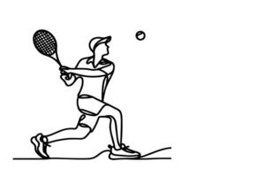 One continuous black line hand drawing of man playing tennis Doodle linear drawing man cartoon palyer on white. vector