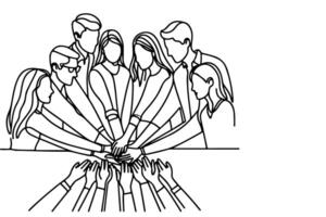 continuo uno soltero negro línea dibujo trabajo en equipo grupo de amigos poner su manos juntos ilustración aislado en blanco antecedentes vector