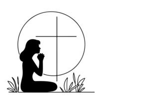 continuous one single black line drawing person kneeling and praying in front of the cross illustration on white background. vector