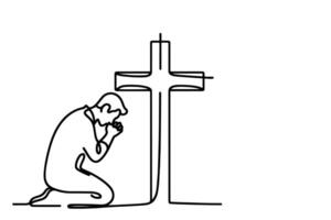 continuous one single black line drawing person kneeling and praying in front of the cross illustration on white background. vector