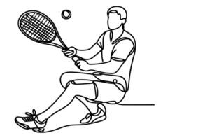 uno continuo negro línea mano dibujo de hombre jugando tenis garabatear lineal dibujo hombre dibujos animados palyer en blanco. vector