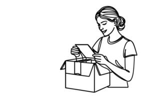 continuous one single black line drawing a woman holding box or present and opening a box with thumbs up vector