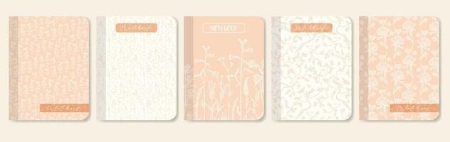 Notebook cover collection ink pattern. Aesthetic worksheet with flourish sketch. Scented flowers, spring meadow vector