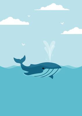 Whale in blue ocean childish illustration. Cute swimming blue whale.