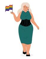 Girl lesbian LGBT concept illustration. Young woman hold lgbtq rainbow flag. vector