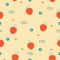 Colorful doodle yummy seamless pattern. Strawberry harvesting childish simple background. vector