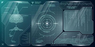 vr hud futurista controlar panel. tecnología cabeza arriba monitor objetivo y mando centrar ui pantalla. gui digital virtual interfaz ciberespacio Hola tecnología visera diseño. fui ciencia fi astronave cabina tablero vector