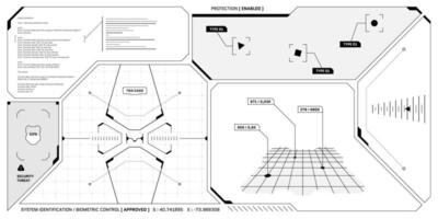 vr hud futurista controlar panel. tecnología cabeza arriba monitor objetivo y ui mando centrar pantalla. gui digital virtual realidad interfaz Hola tecnología visera modelo. fui ciencia fi astronave cabina tablero vector