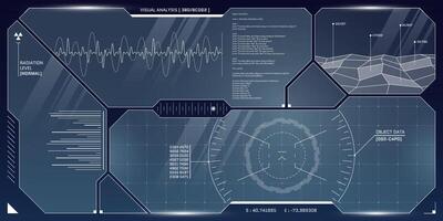 VR HUD futuristic control panel. Technology head up display target and UI screen. GUI Digital virtual reality interface cyberspace hi tech visor design. FUI Sci Fi spaceship cockpit dashboard. vector