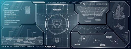 vr hud futurista controlar panel. tecnología cabeza arriba monitor objetivo y mando centrar ui pantalla. gui digital virtual interfaz ciberespacio Hola tecnología visera modelo. fui ciencia fi nave estelar cabina tablero vector