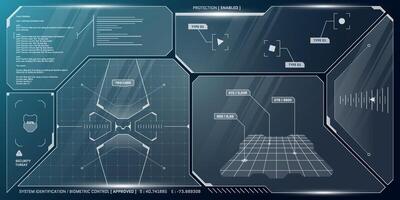 VR HUD futuristic control panel. Technology head up display target and command center UI screen. GUI digital virtual interface cyberspace hi tech visor template. FUI Sci Fi spaceship cockpit dashboard vector