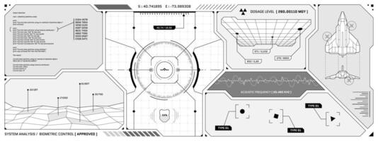 vr hud futurista controlar panel. tecnología cabeza arriba monitor objetivo y ui mando centrar pantalla. gui digital virtual realidad interfaz Hola tecnología visera modelo. fui ciencia fi nave estelar cabina eps tablero vector