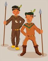 Two men from an American Indian tribe with spears. Native American tribe vector