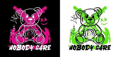 nobody care slogan with bear doll illustration graffiti style on black background illustration for poster, sticker, t shirt, streetwear design vector