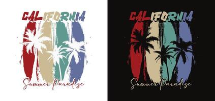 california summer paradise calligraphy slogan with palm beach view in grunge illustration on black background vector