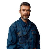 Mature Man With Beard in Blue Denim Jacket on Transparent Background photo