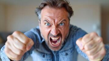 Angry Man Clenching Fists and Screaming in Frustration photo