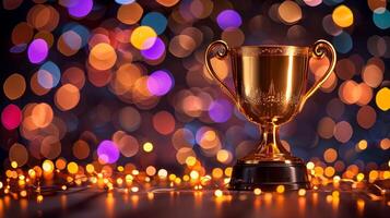 Golden Trophy Cup With Festive Bokeh Lights photo