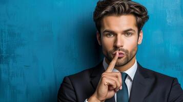 Handsome Man Gesturing Silence Against Blue Background photo