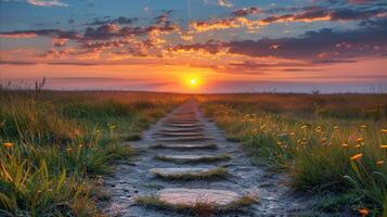 Sunset Over Path in Field photo