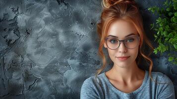 joven mujer con lentes sonriente en contra texturizado pared foto