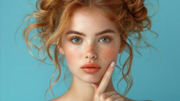 Stunning Redhead Woman With Freckles Posing on Blue Background photo