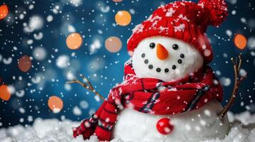 festivo monigote de nieve con rojo bufanda en invierno mundo maravilloso foto