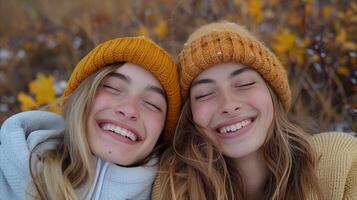 Twin Sisters Smiling Together in Autumn photo